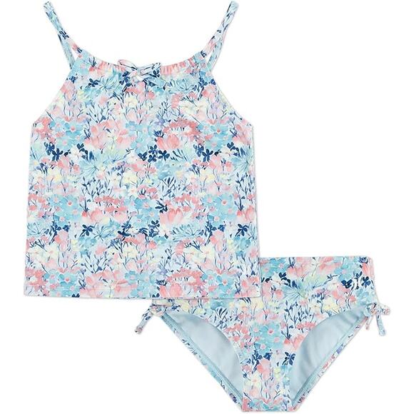 Hurley Girl Size 7 Blue Floral Bow Thin Strap 2 Piece Tankini Swimsuit Swim Suit - Picture 1 of 4